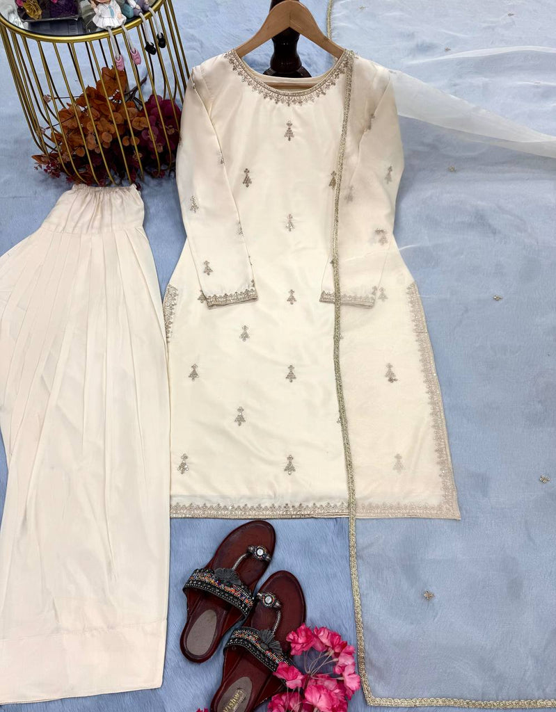 Off White Premium Embroidered Natural Satin Top with Farshi Plazzo & Organza Dupatt ClothsVilla