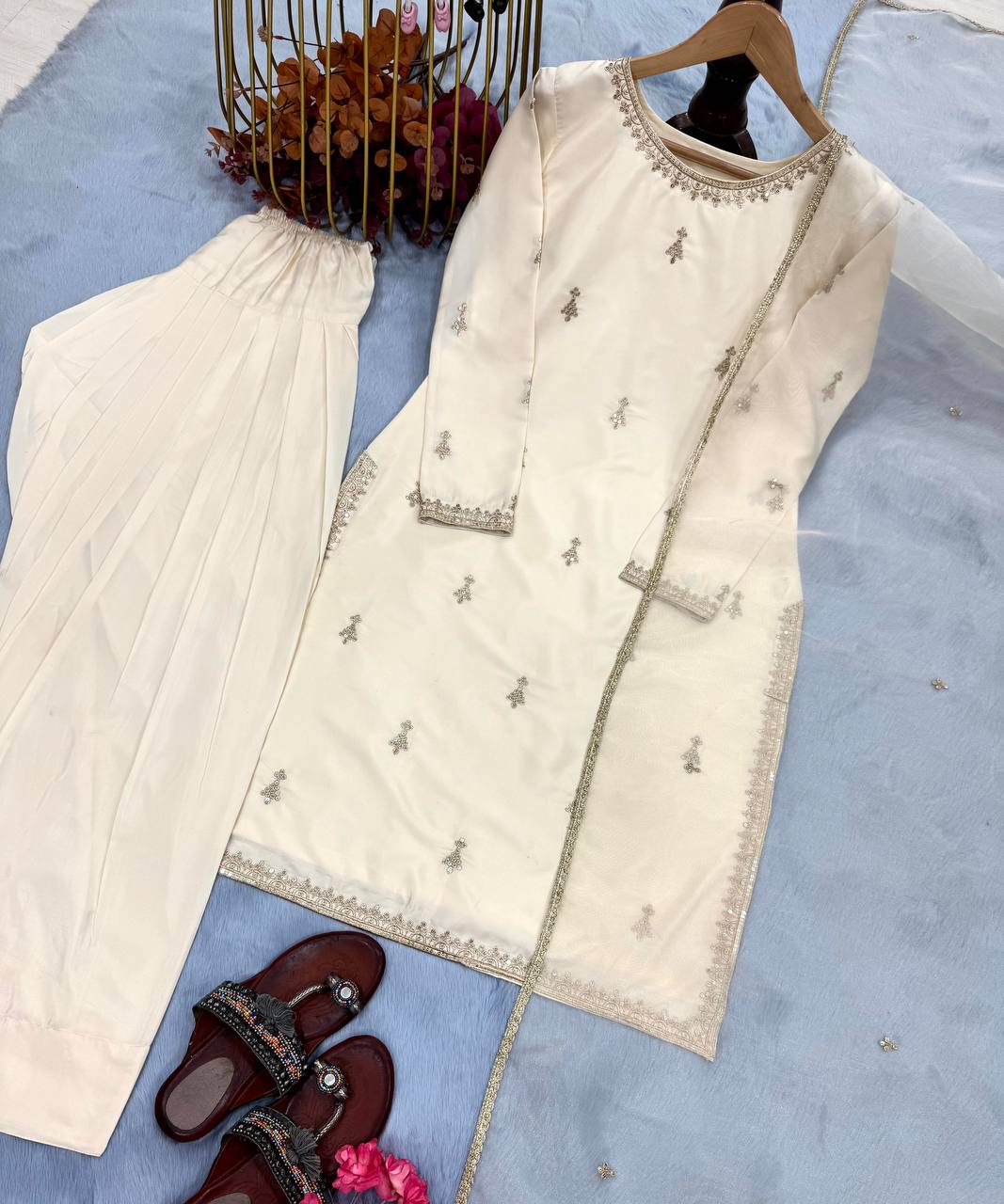 Off White Premium Embroidered Natural Satin Top with Farshi Plazzo & Organza Dupatt ClothsVilla
