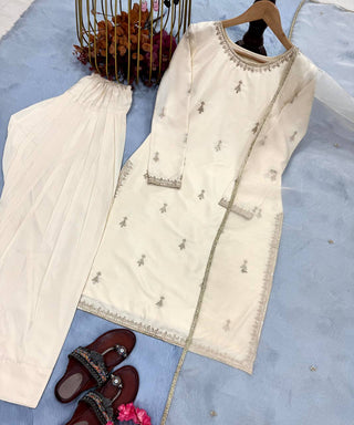 Off White Premium Embroidered Natural Satin Top with Farshi Plazzo & Organza Dupatt ClothsVilla