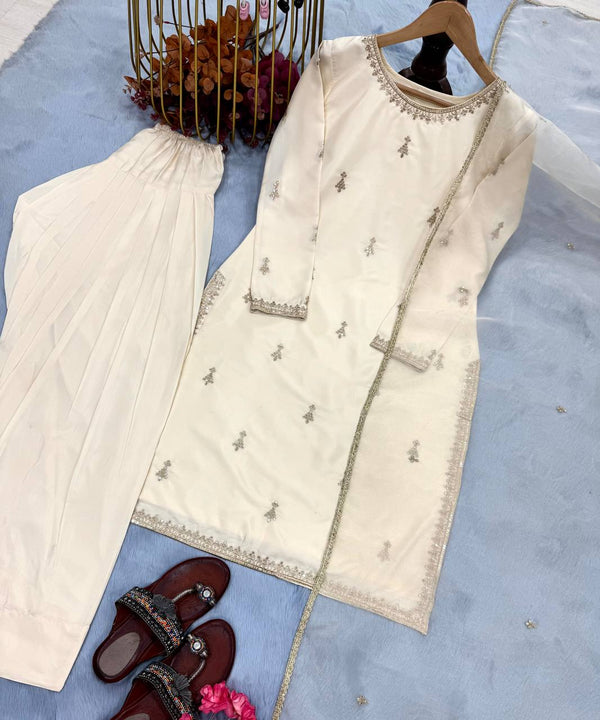 Off White Premium Embroidered Natural Satin Top with Farshi Plazzo & Organza Dupatt ClothsVilla