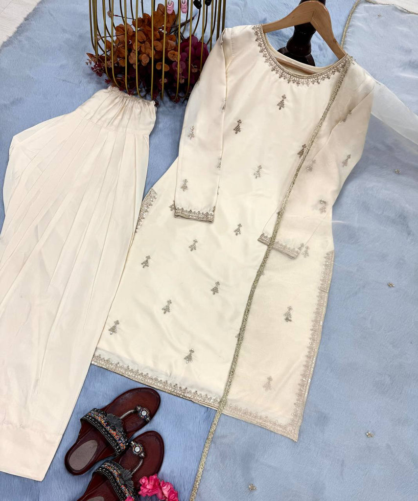 Off White Premium Embroidered Natural Satin Top with Farshi Plazzo & Organza Dupatt ClothsVilla