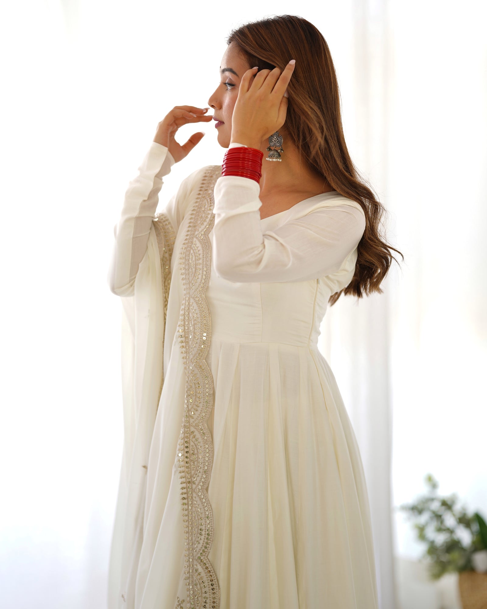 Off White Premium Quality Pure Romansilk Chanderi Anarkali Gown with Dupatta & Pant Set - Ready to Wear