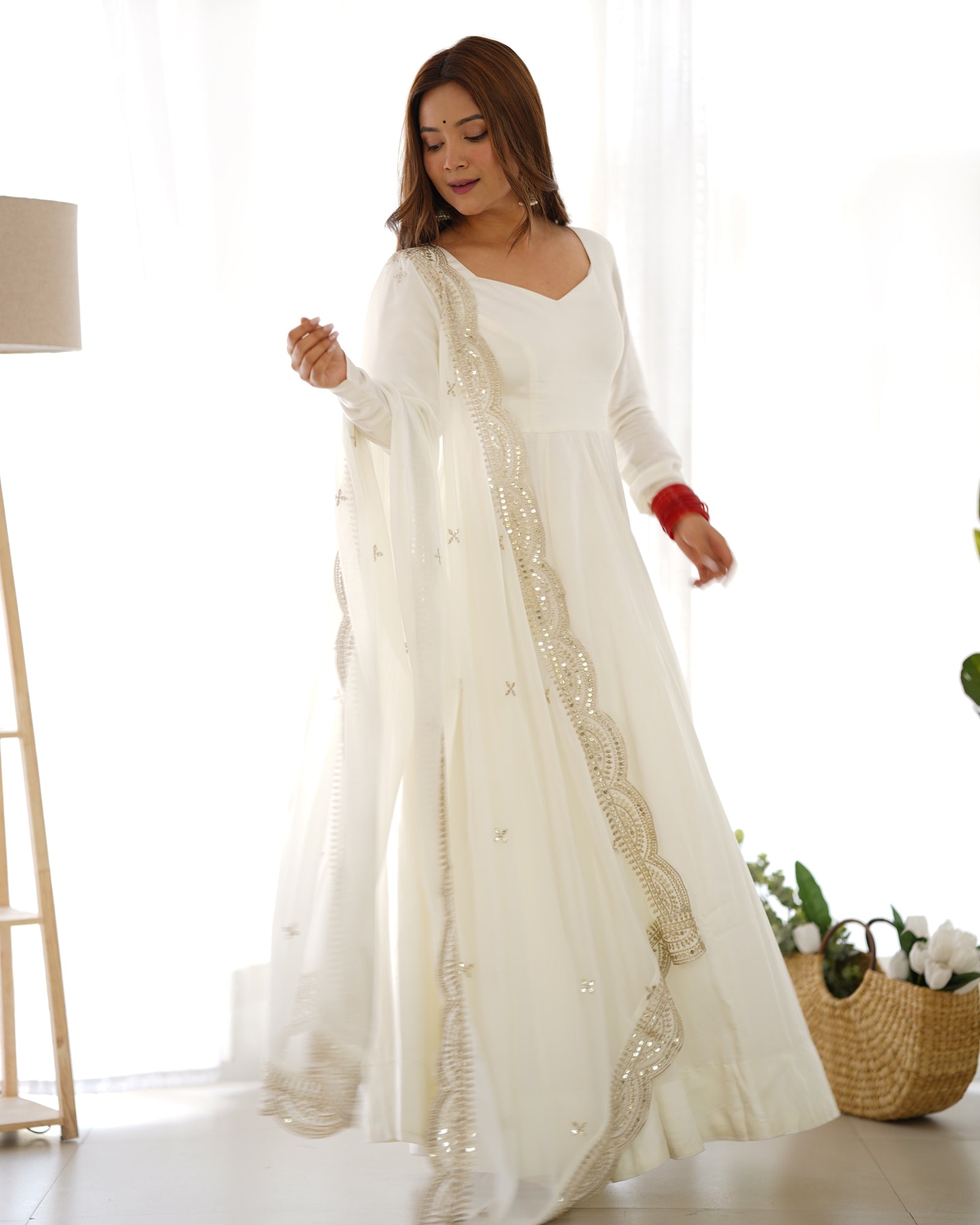 Off White Premium Quality Pure Romansilk Chanderi Anarkali Gown with Dupatta & Pant Set - Ready to Wear