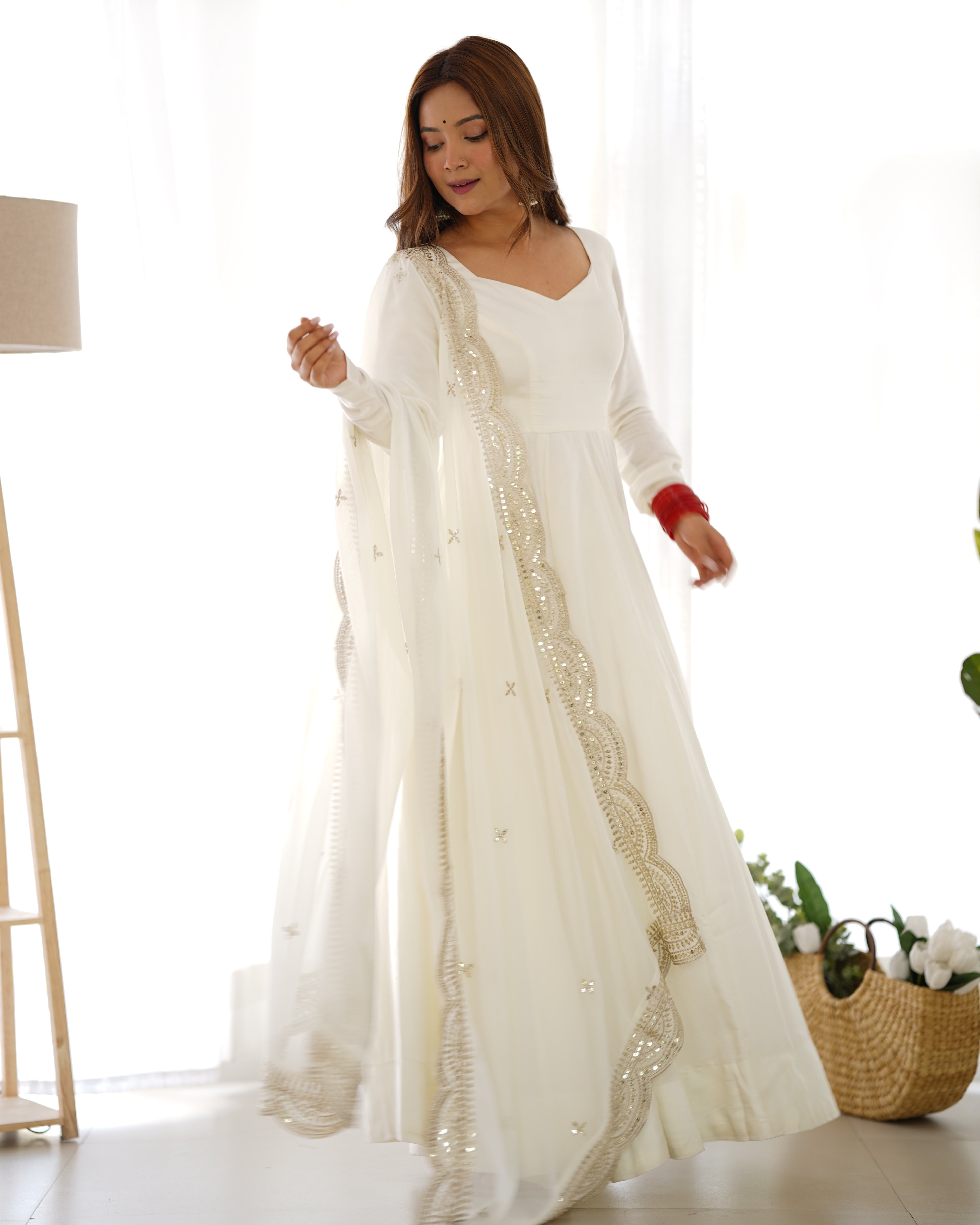 Off White Premium Quality Pure Romansilk Chanderi Anarkali Gown with Dupatta & Pant Set - Ready to Wear