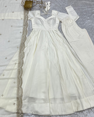 Off White Premium Quality Pure Romansilk Chanderi Anarkali Gown with Dupatta & Pant Set - Ready to Wear