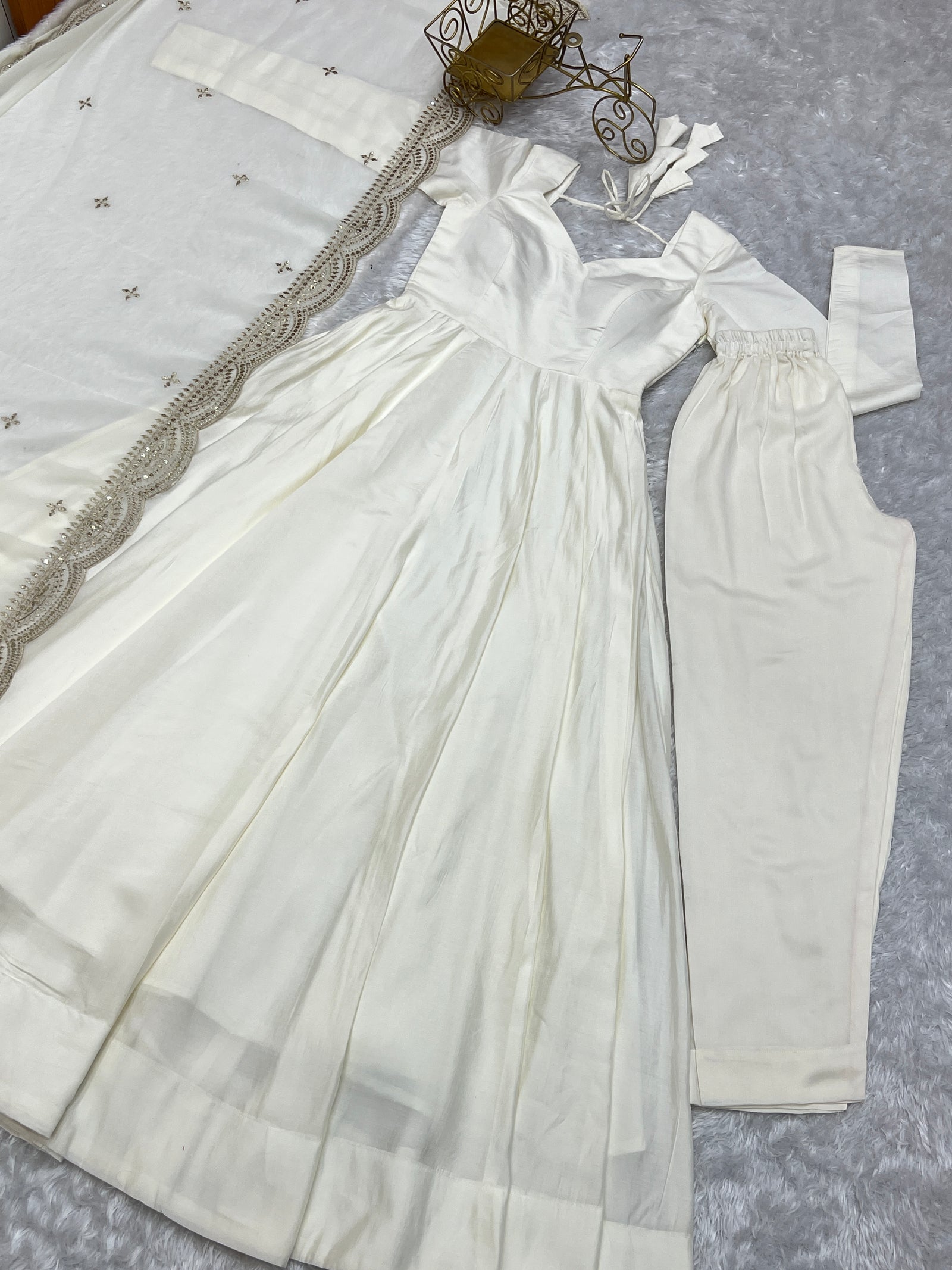 Off White Premium Quality Pure Romansilk Chanderi Anarkali Gown with Dupatta & Pant Set - Ready to Wear
