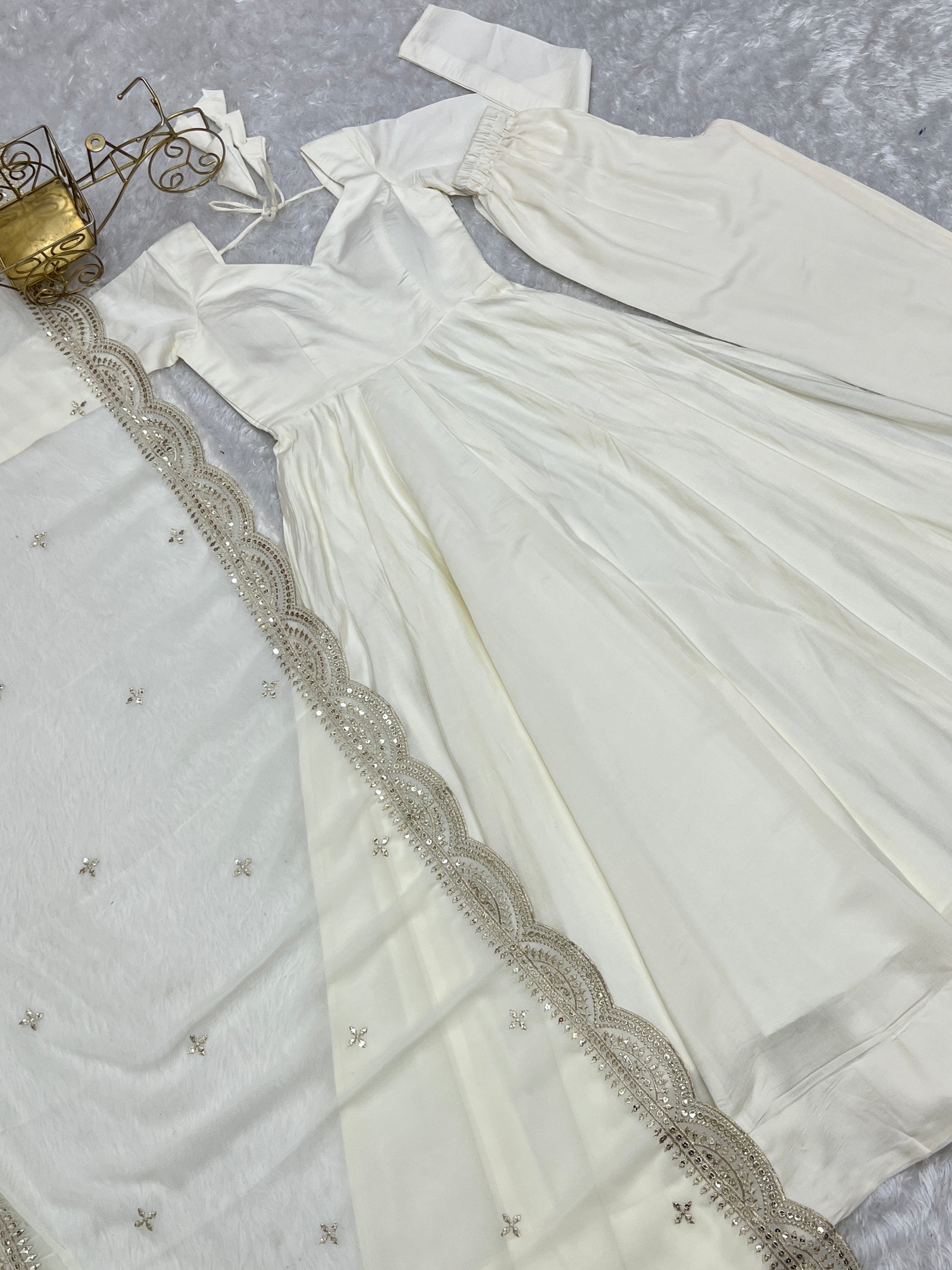 Off White Premium Quality Pure Romansilk Chanderi Anarkali Gown with Dupatta & Pant Set - Ready to Wear