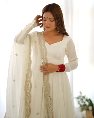 Off White Premium Quality Pure Romansilk Chanderi Anarkali Gown with Dupatta & Pant Set - Ready to Wear