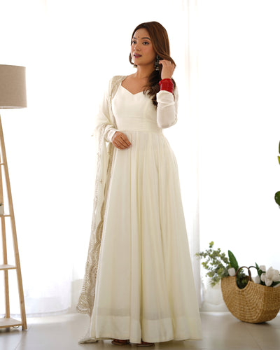 Off White Premium Quality Pure Romansilk Chanderi Anarkali Gown with Dupatta & Pant Set - Ready to Wear