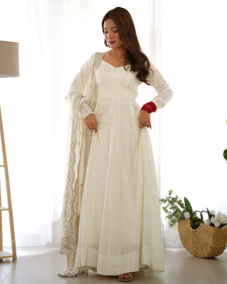 Off White Premium Quality Pure Romansilk Chanderi Anarkali Gown with Dupatta & Pant Set - Ready to Wear
