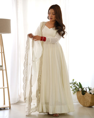 Off White Premium Quality Pure Romansilk Chanderi Anarkali Gown with Dupatta & Pant Set - Ready to Wear