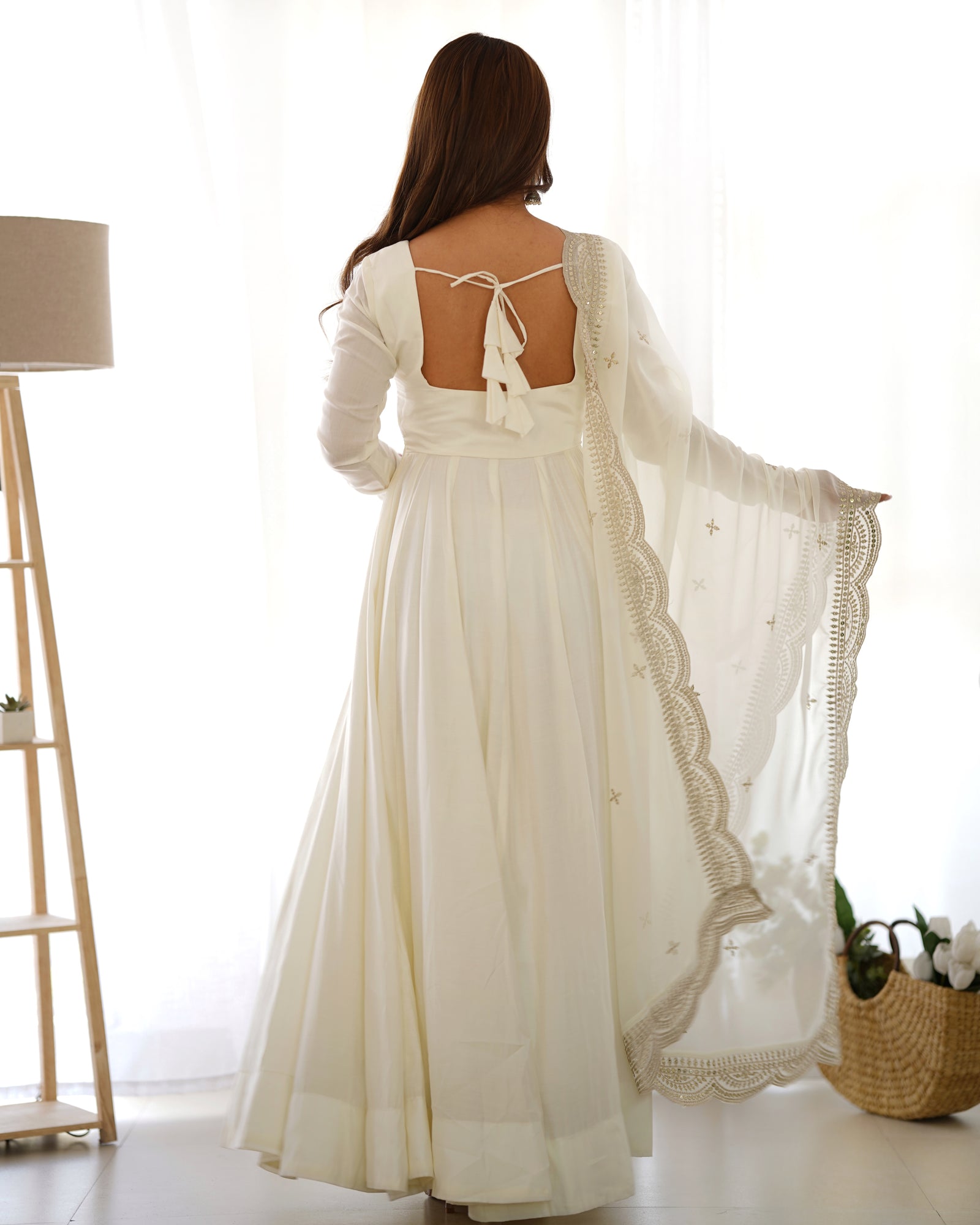 Off White Premium Quality Pure Romansilk Chanderi Anarkali Gown with Dupatta & Pant Set - Ready to Wear