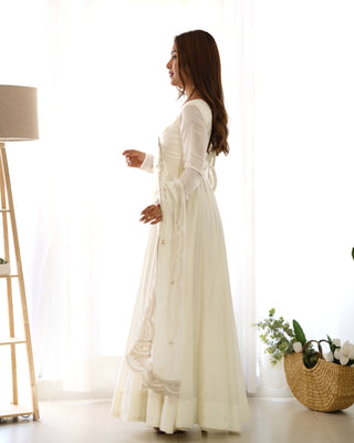 Off White Premium Quality Pure Romansilk Chanderi Anarkali Gown with Dupatta & Pant Set - Ready to Wear