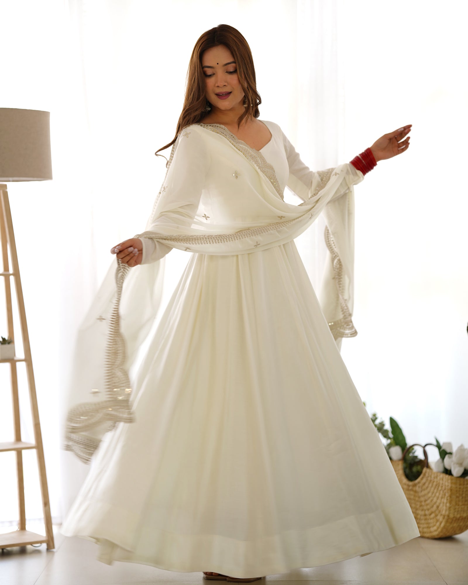 Off White Premium Quality Pure Romansilk Chanderi Anarkali Gown with Dupatta & Pant Set - Ready to Wear