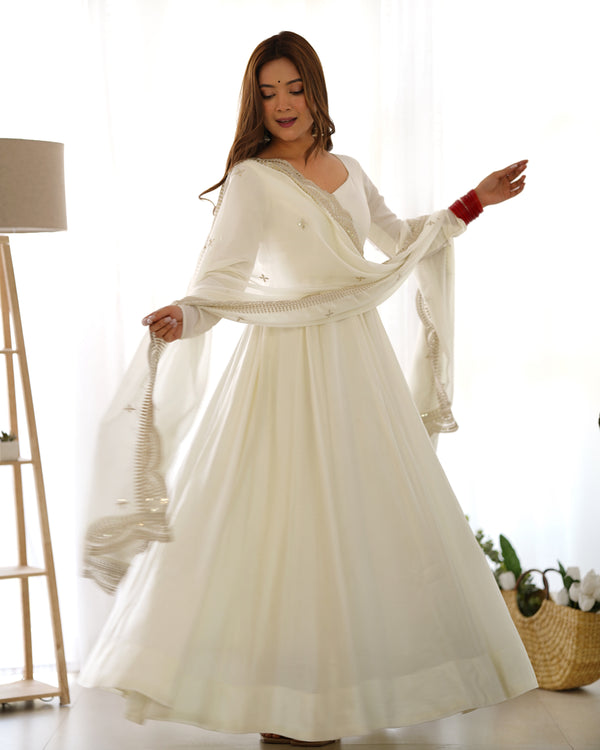 Off White Premium Quality Pure Romansilk Chanderi Anarkali Gown with Dupatta & Pant Set - Ready to Wear