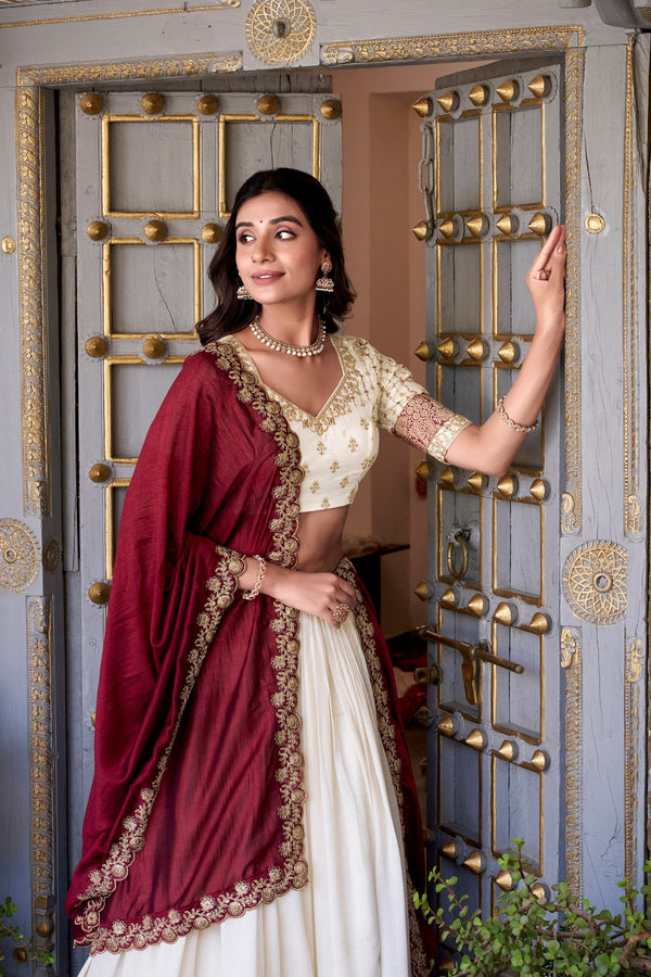 Off White Premium Vichitra Silk Lehenga Set with Zari & Sequin Detailing – 3-Piece Ensemble Clothsvilla