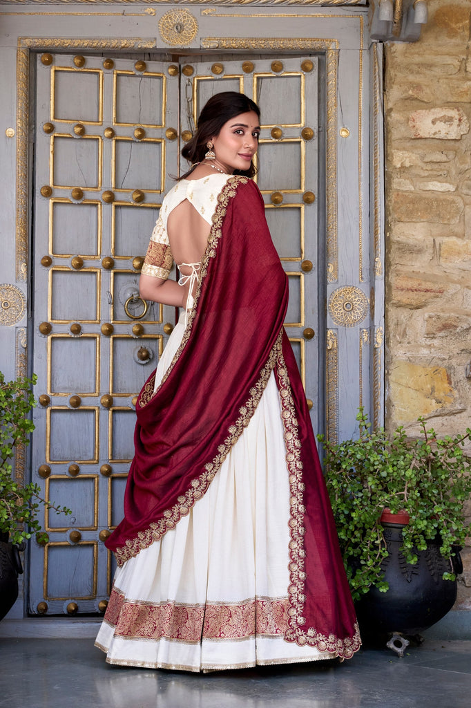 Off White Premium Vichitra Silk Lehenga Set with Zari & Sequin Detailing – 3-Piece Ensemble Clothsvilla