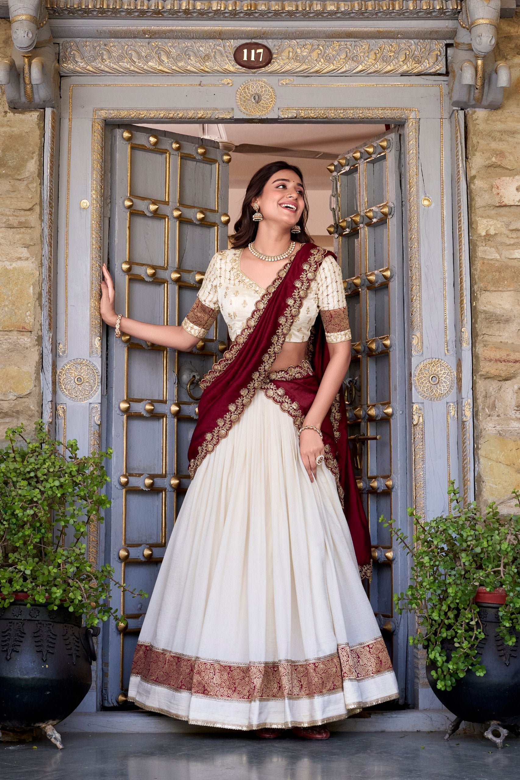 Off White Premium Vichitra Silk Lehenga Set with Zari & Sequin Detailing – 3-Piece Ensemble Clothsvilla