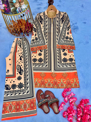 Off White Pure Natural Crepe Digital Print Co-Ord Set Fully Stitched Top & Plazzo ClothsVilla