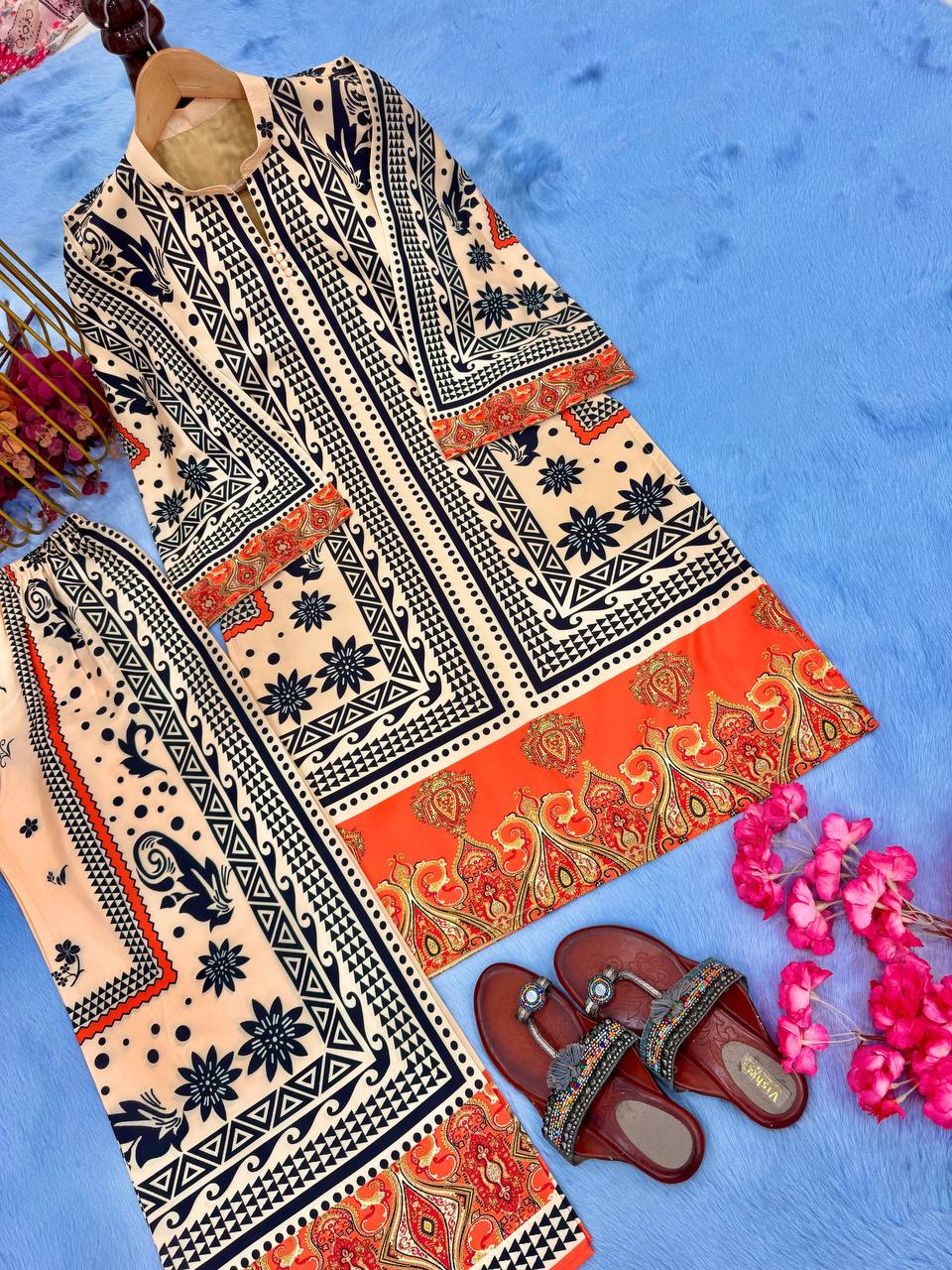 Off White Pure Natural Crepe Digital Print Co-Ord Set Fully Stitched Top & Plazzo ClothsVilla
