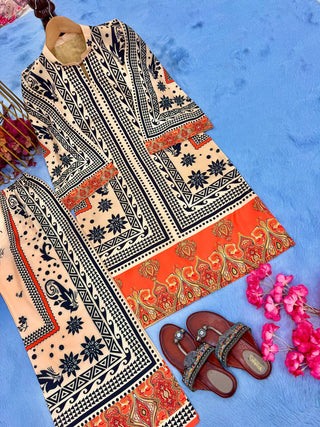 Off White Pure Natural Crepe Digital Print Co-Ord Set Fully Stitched Top & Plazzo ClothsVilla