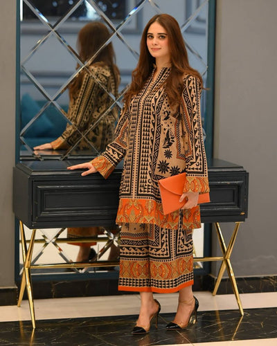 Off White Pure Natural Crepe Digital Print Co-Ord Set Fully Stitched Top & Plazzo ClothsVilla