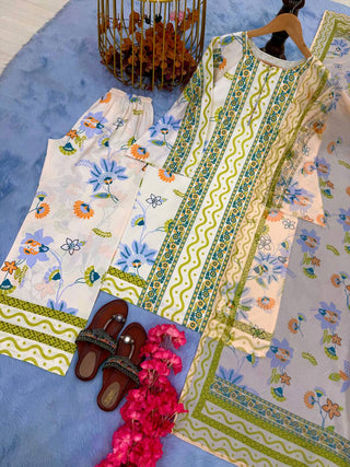 Off White Pure Natural Crepe Digital Print Co-Ord Set with Chiffon Georgette Dupatta Fully Stitched ClothsVilla