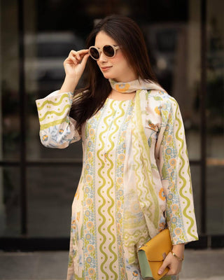 Off White Pure Natural Crepe Digital Print Co-Ord Set with Chiffon Georgette Dupatta Fully Stitched ClothsVilla