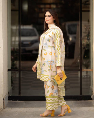 Off White Pure Natural Crepe Digital Print Co-Ord Set with Chiffon Georgette Dupatta Fully Stitched ClothsVilla