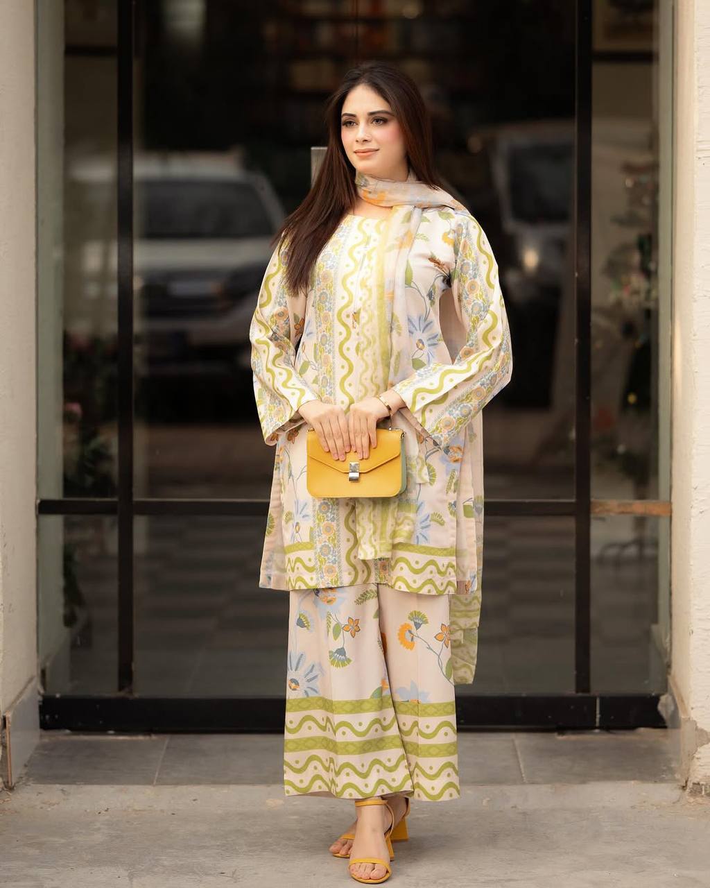 Off White Pure Natural Crepe Digital Print Co-Ord Set with Chiffon Georgette Dupatta Fully Stitched ClothsVilla Main image