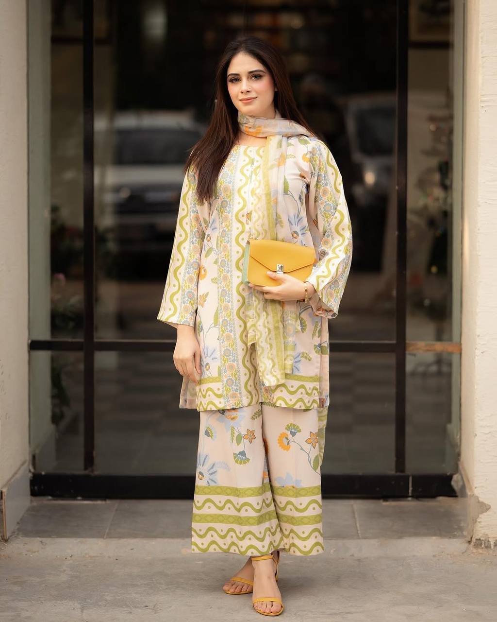 Off White Pure Natural Crepe Digital Print Co-Ord Set with Chiffon Georgette Dupatta Fully Stitched ClothsVilla