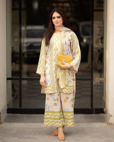Off White Pure Natural Crepe Digital Print Co-Ord Set with Chiffon Georgette Dupatta Fully Stitched ClothsVilla