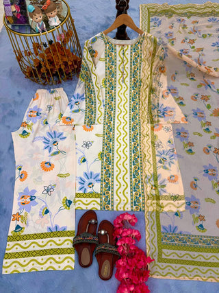 Off White Pure Natural Crepe Digital Print Co-Ord Set with Chiffon Georgette Dupatta Fully Stitched ClothsVilla