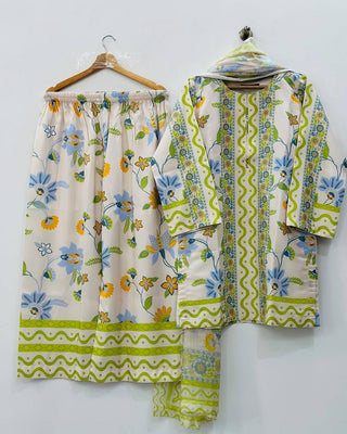 Off White Pure Natural Crepe Digital Print Co-Ord Set with Chiffon Georgette Dupatta Fully Stitched ClothsVilla