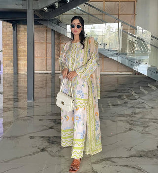 Off White Pure Natural Crepe Digital Print Co-Ord Set with Chiffon Georgette Dupatta Fully Stitched ClothsVilla
