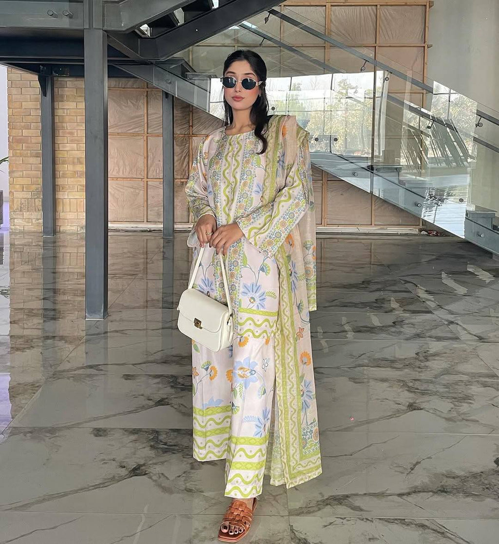 Off White Pure Natural Crepe Digital Print Co-Ord Set with Chiffon Georgette Dupatta Fully Stitched ClothsVilla