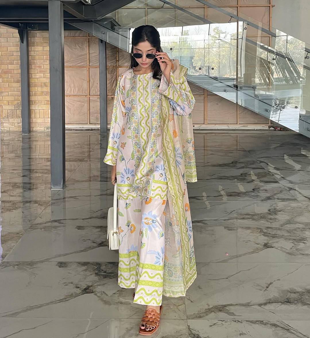 Off White Pure Natural Crepe Digital Print Co-Ord Set with Chiffon Georgette Dupatta Fully Stitched ClothsVilla
