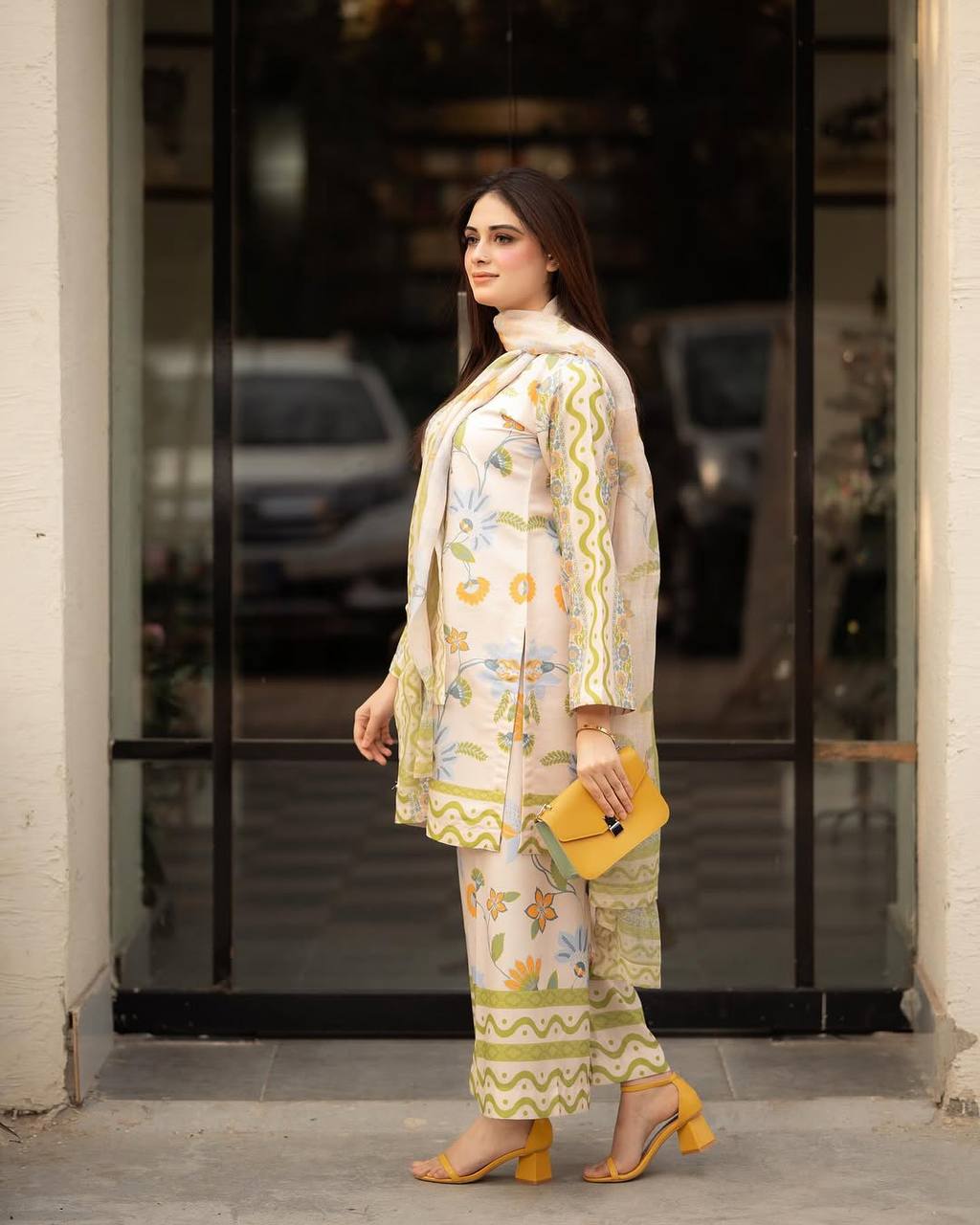 Off White Pure Natural Crepe Digital Print Co-Ord Set with Chiffon Georgette Dupatta Fully Stitched ClothsVilla