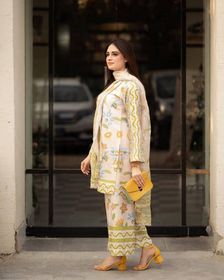 Off White Pure Natural Crepe Digital Print Co-Ord Set with Chiffon Georgette Dupatta Fully Stitched ClothsVilla