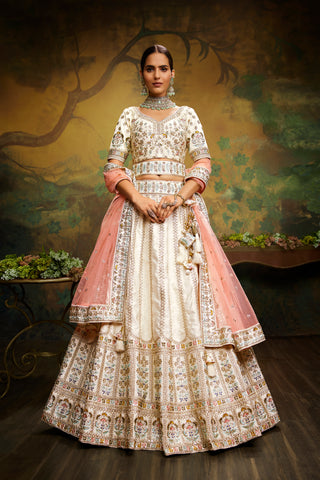 Off White Pure Silk Moti & Zarkan heavy embroidery Semi-Stitched Lehenga choli & Dupatta Clothsvilla