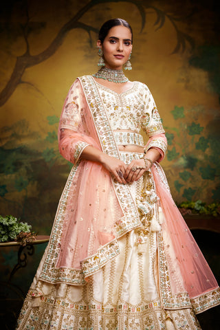 Off White Pure Silk Moti & Zarkan heavy embroidery Semi-Stitched Lehenga choli & Dupatta Clothsvilla