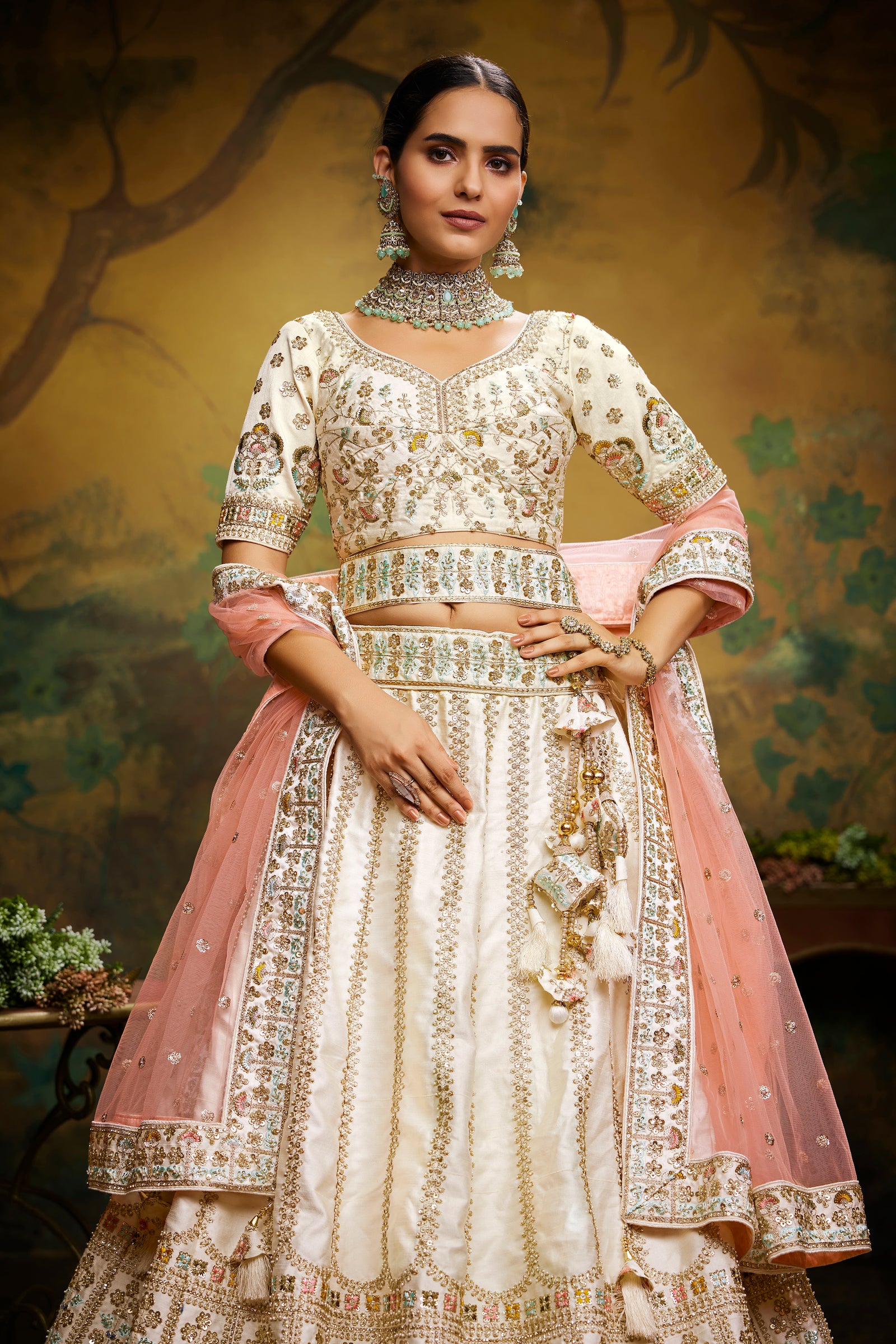 Off White Pure Silk Moti & Zarkan heavy embroidery Semi-Stitched Lehenga choli & Dupatta Clothsvilla