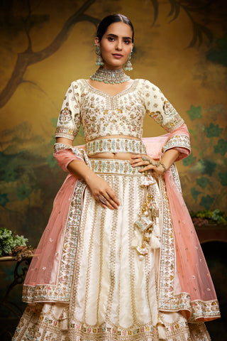 Off White Pure Silk Moti & Zarkan heavy embroidery Semi-Stitched Lehenga choli & Dupatta Clothsvilla