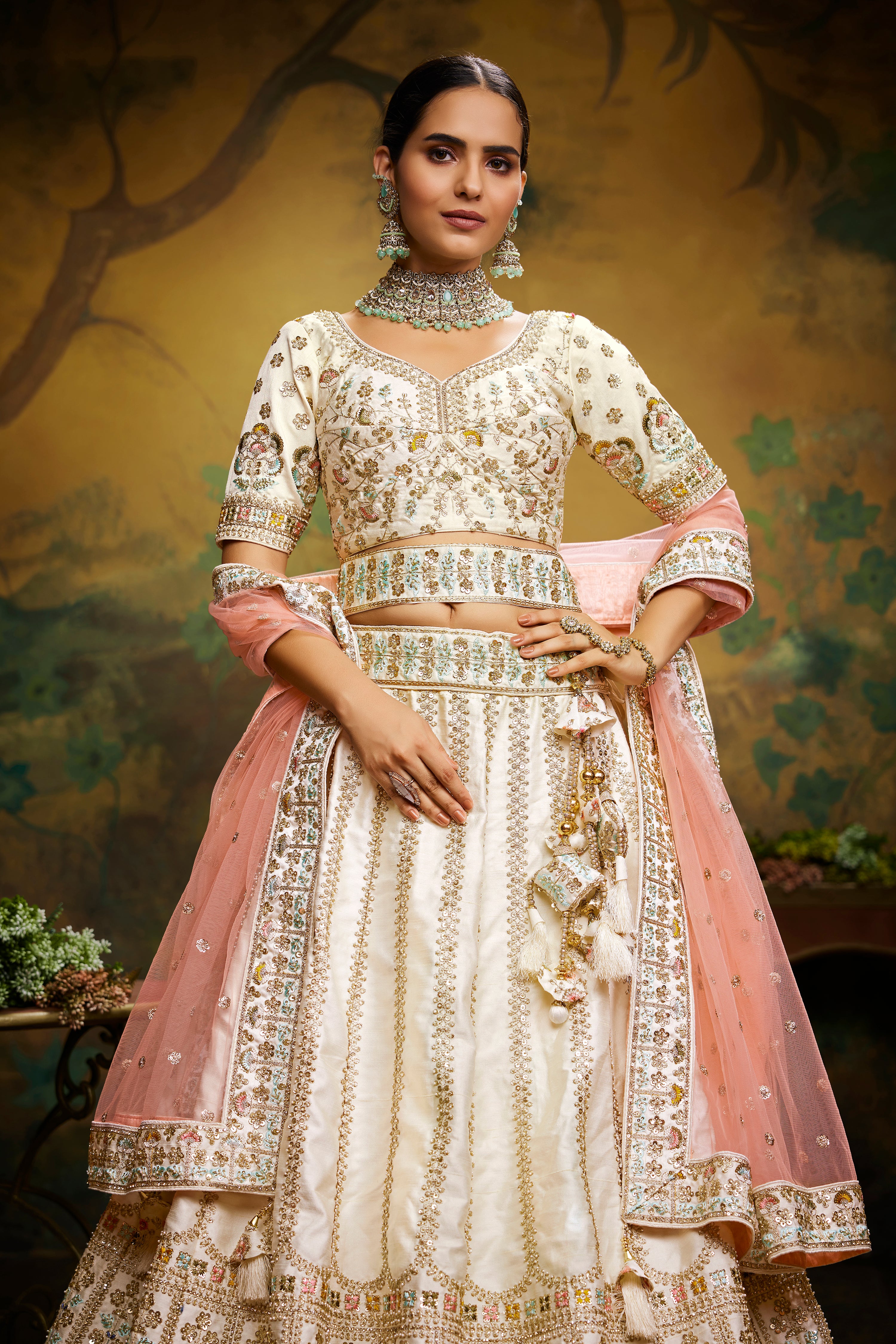 Off White Pure Silk Moti & Zarkan heavy embroidery Semi-Stitched Lehenga choli & Dupatta Clothsvilla