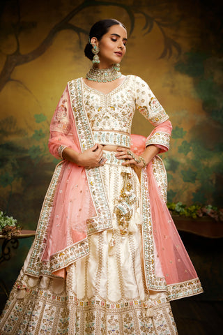 Off White Pure Silk Moti & Zarkan heavy embroidery Semi-Stitched Lehenga choli & Dupatta Clothsvilla