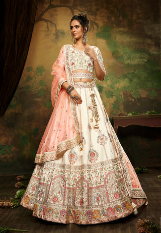 Off White Pure Silk Moti & Zarkan heavy embroidery Semi-Stitched Lehenga choli & Dupatta Clothsvilla