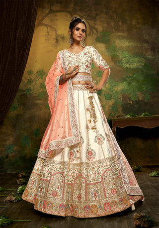 Off White Pure Silk Moti & Zarkan heavy embroidery Semi-Stitched Lehenga choli & Dupatta Clothsvilla