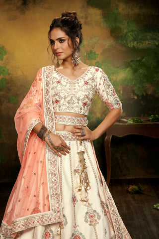 Off White Pure Silk Moti & Zarkan heavy embroidery Semi-Stitched Lehenga choli & Dupatta Clothsvilla