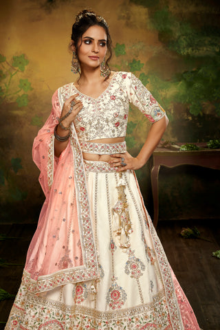Off White Pure Silk Moti & Zarkan heavy embroidery Semi-Stitched Lehenga choli & Dupatta Clothsvilla
