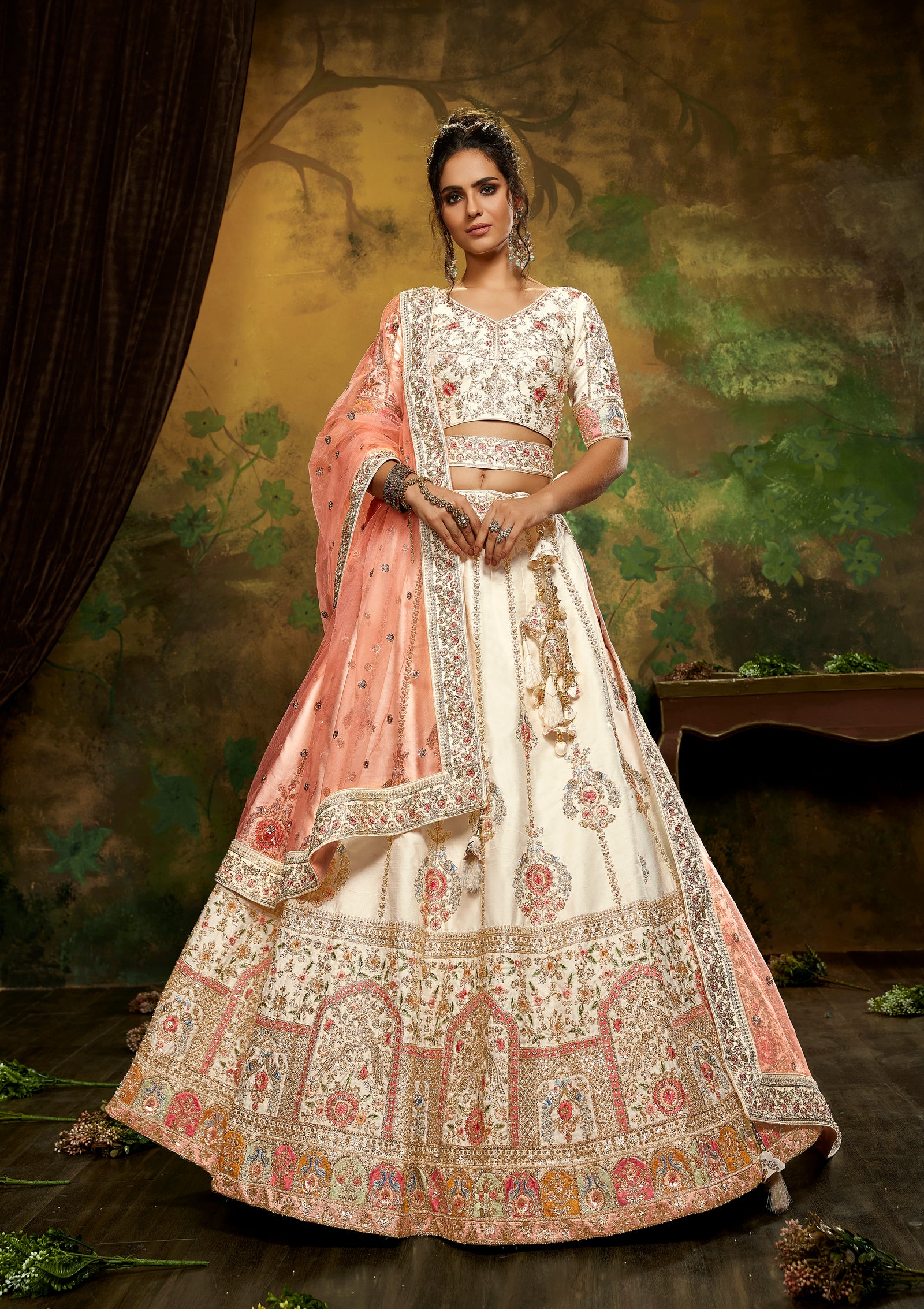 Off White Pure Silk Moti & Zarkan heavy embroidery Semi-Stitched Lehenga choli & Dupatta Clothsvilla
